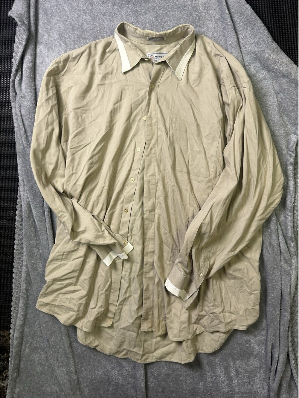 Vintage 80s Modena Uomo Mens 18.5 Tall Dress Shirt Made Korea Beige Long Sleeve